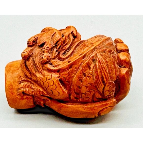 Netsuke Hand Carved Boxwood Dragon Toggle Luck Charm 2 inch Japanese Inro Ojime - Picture 3 of 7